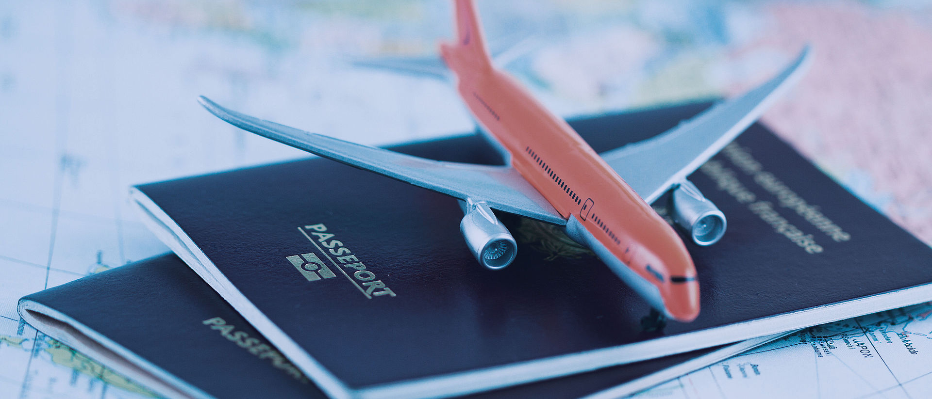Das Bild zeigt einen Reisepass auf einer Weltkarte. Auf dem Pass steht ein Flugzeug drauf. 